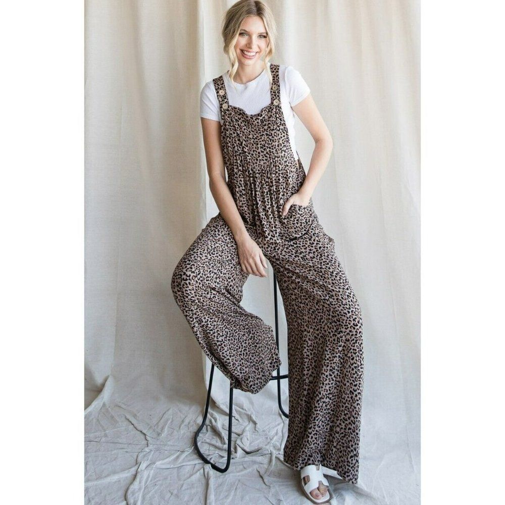 JODIFL Leopard Print Overalls Slouchy Oversized W/ Side Pockets Taupe G4454-1 - Picture 7 of 7